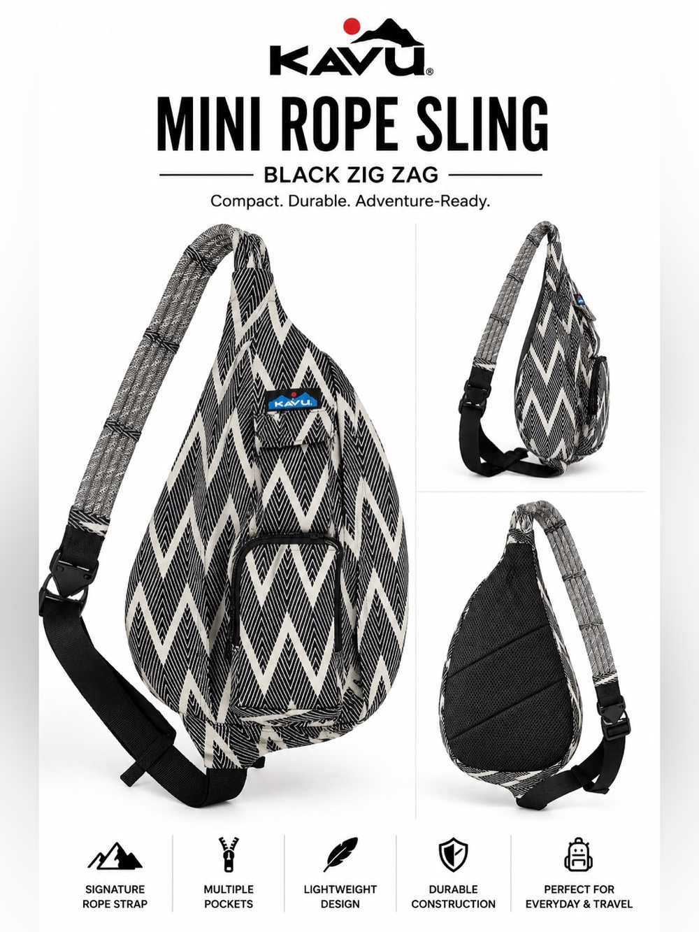 KAVU Mini Rope Sling Black Zig Zag NWT Crossbody Travel Backpack Bag